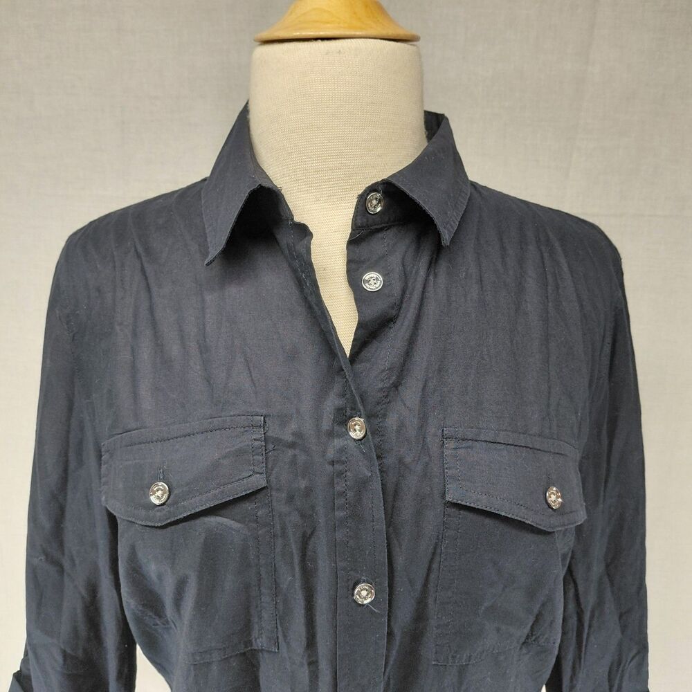 Michael Kors Button-up Rolled Sleeve Blouse Navy Silver Buttons Sz XL - Picture 4 of 9